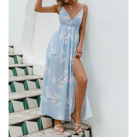 Simplee Women's Sexy Deep V Neck Backless Floral Print Split Maxi Party Dress L - Picture 3 of 12